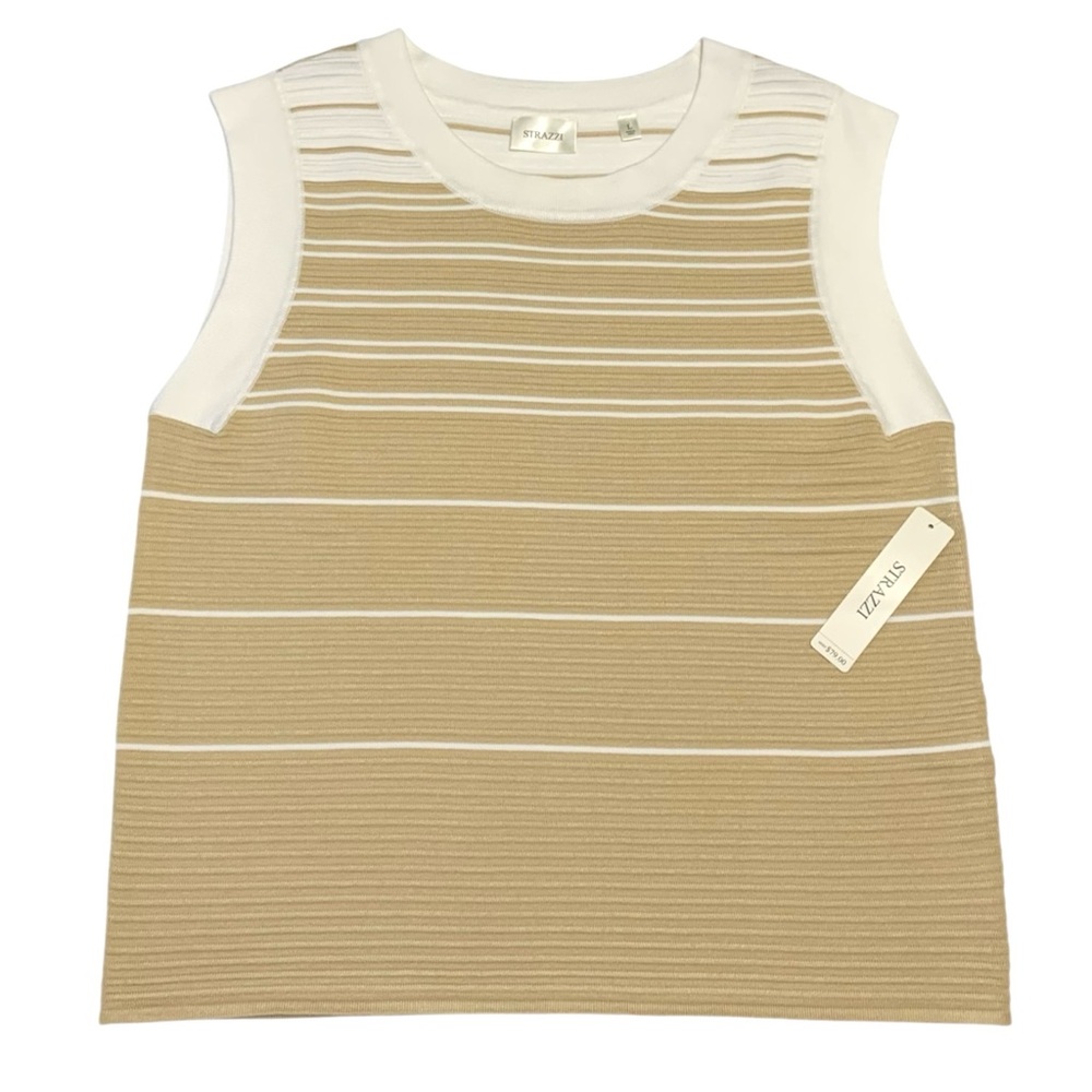 STRAZZI Women's Striped Vest Ribbed Sweater Tank Taupe/ Ivory Woven Top size L